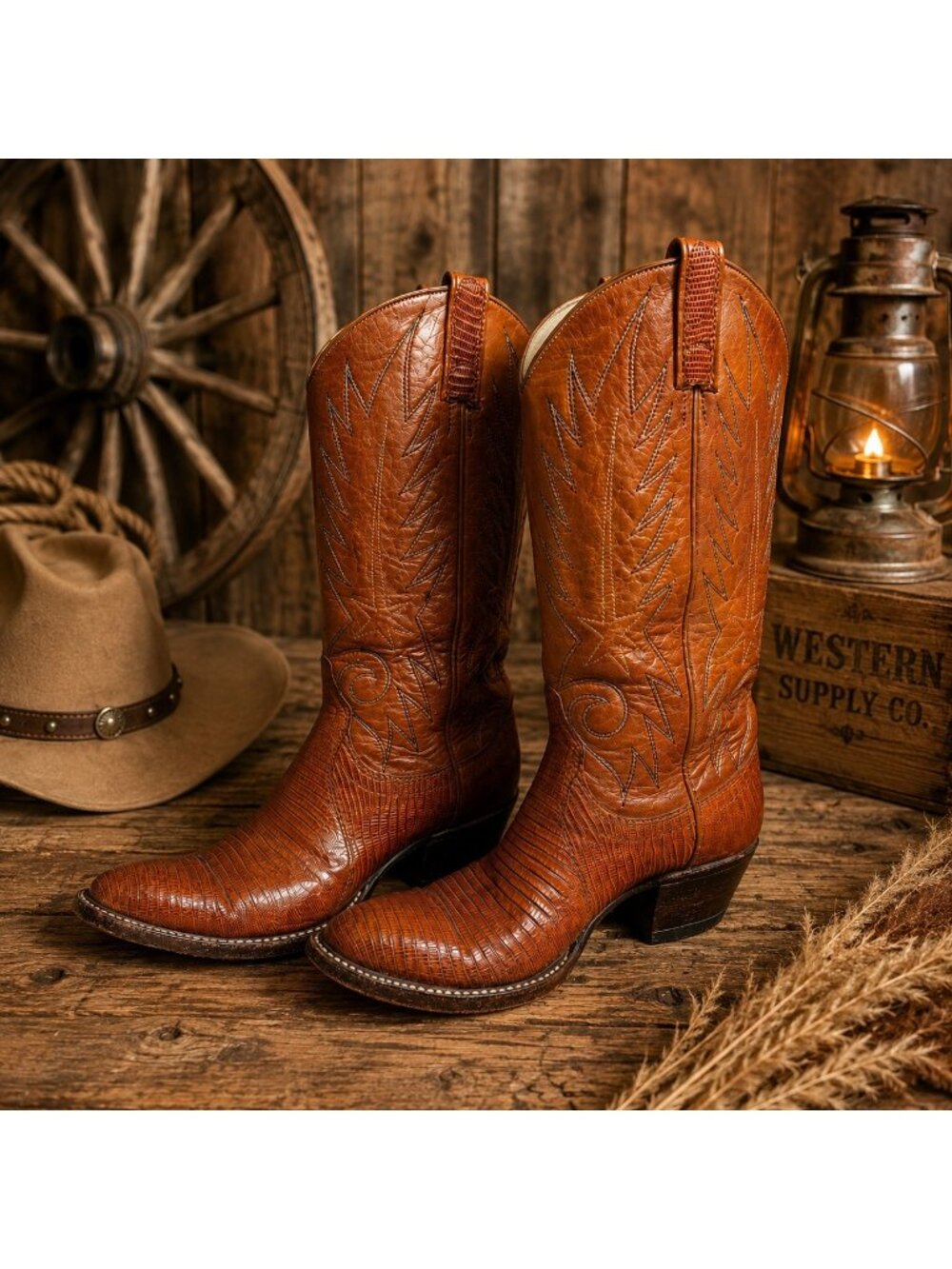 Vintage Dan Post Exotic Lizard Leather Cowboy Boots Brown 6 C